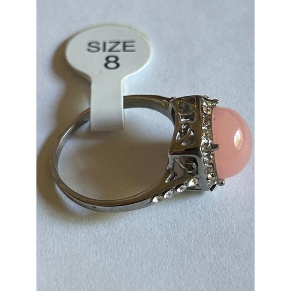 Pink Faux Pearl & Crystal Silver Tone Ring Size 8 - Picture 3 of 5